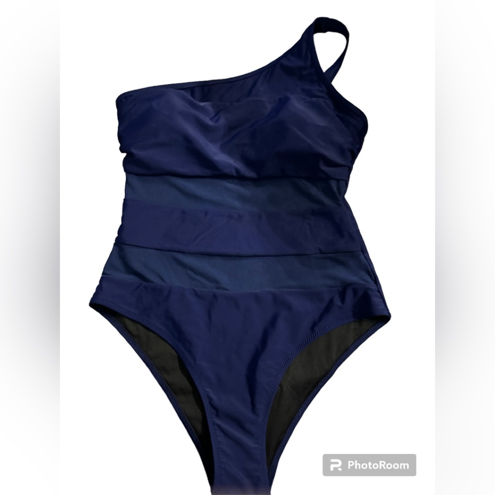 Size L NEW onepiece swimsuit one strap with 2 mesh bands on waist and abdomen